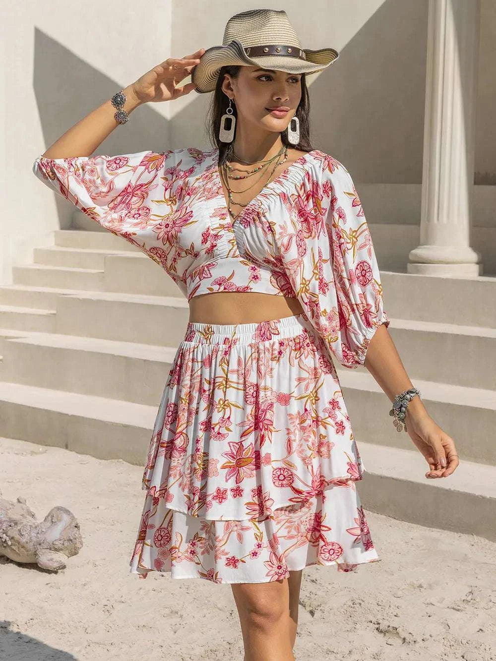 Printed Half Sleeve Top and Layered Skirt Set WESTCLOSET