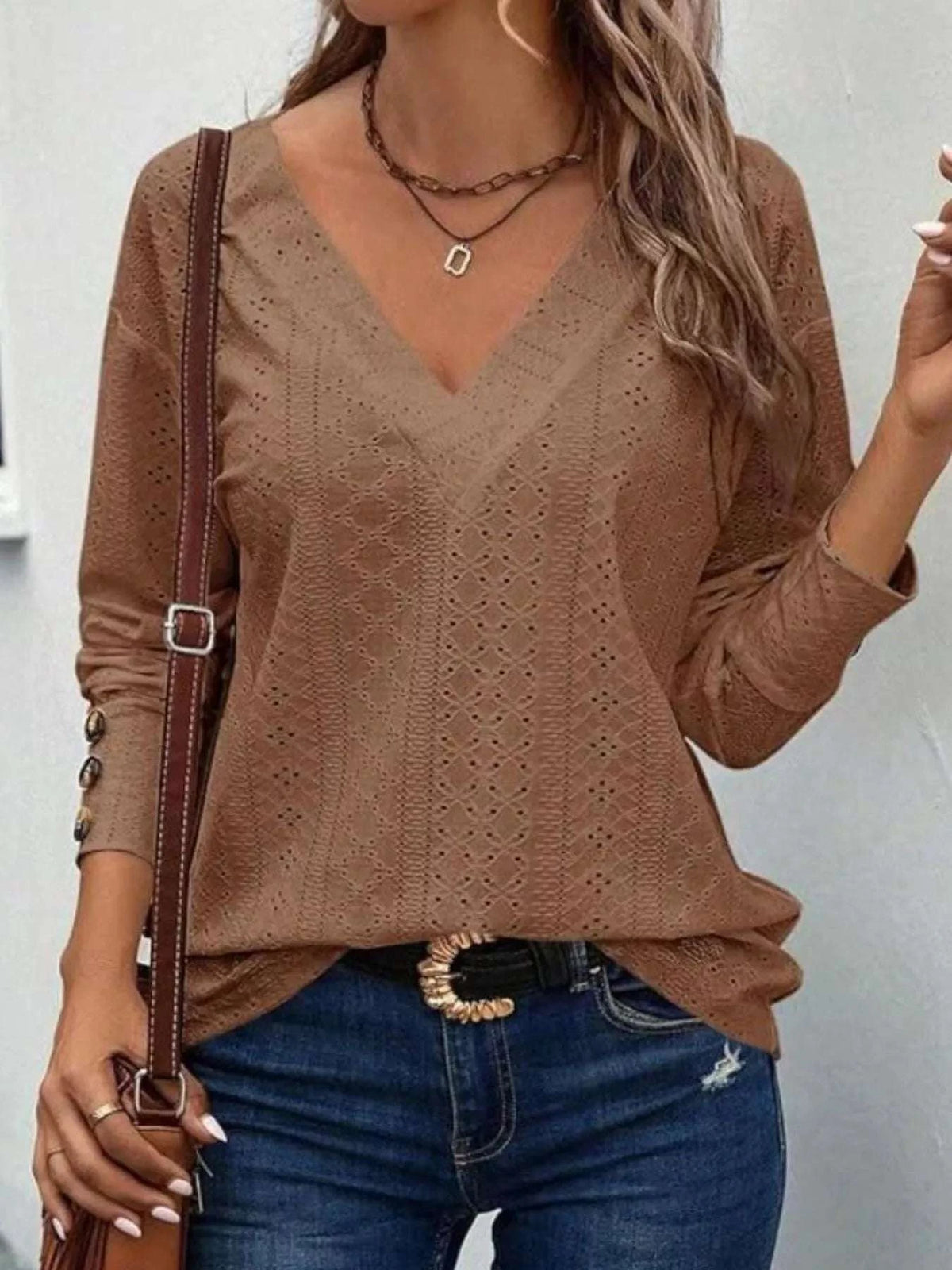 Eyelet V-Neck Long Sleeve T-Shirt WESTCLOSET