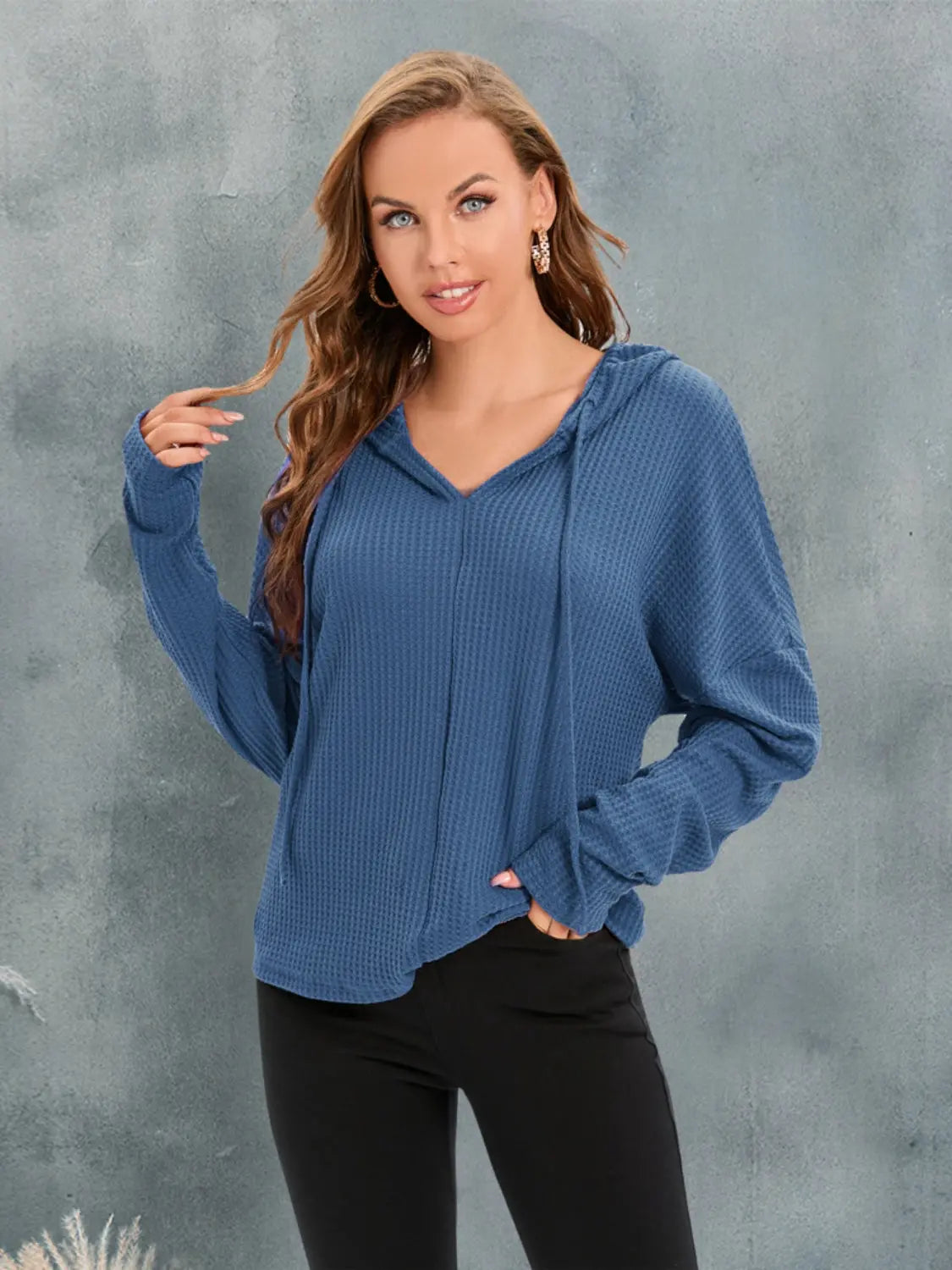 Waffle-Knit Drawstring Drop Shoulder Hoodie