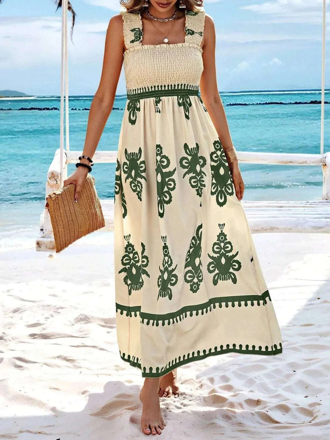 Smocked Printed Wide Strap Maxi Dress WESTCLOSET