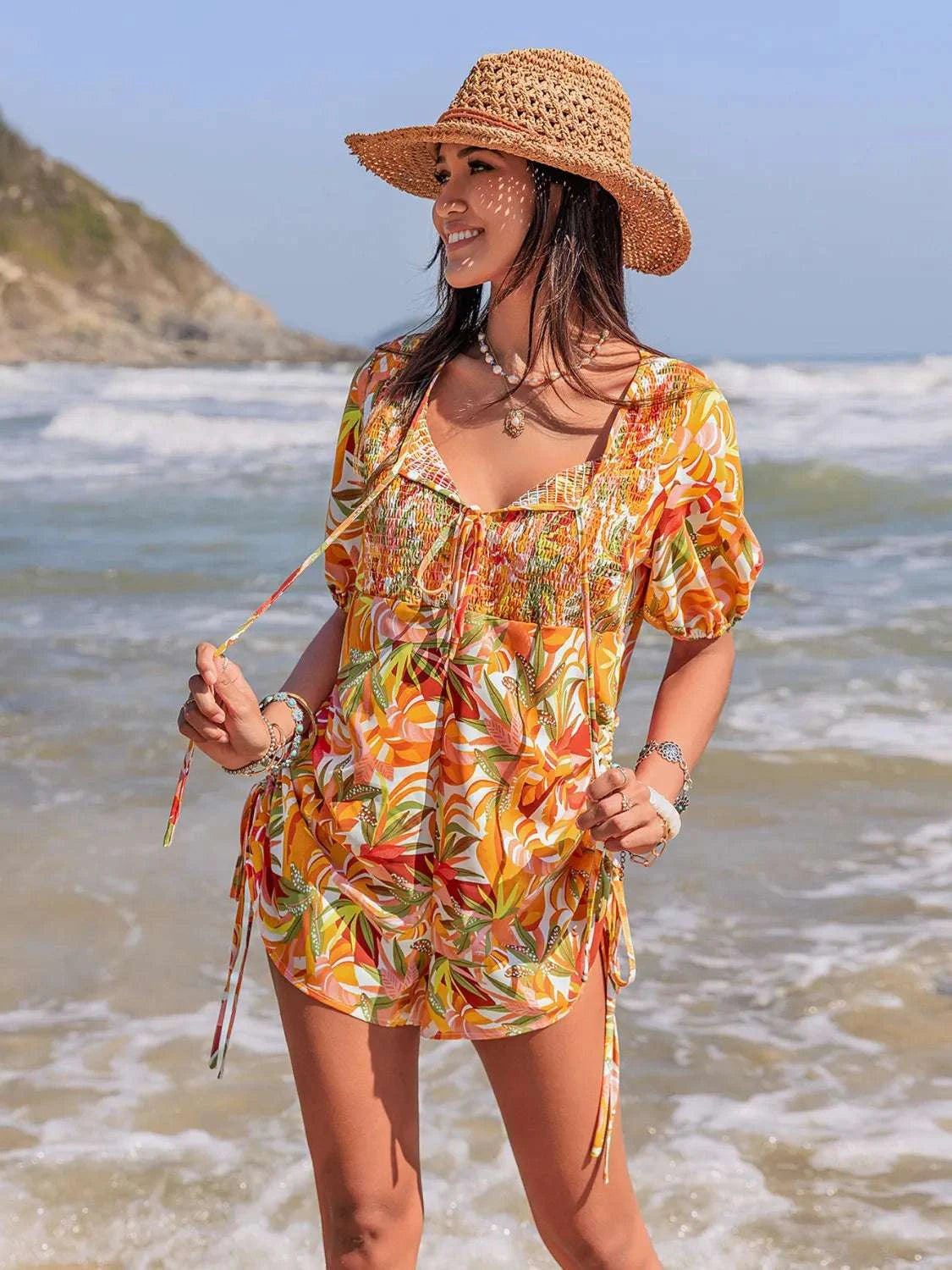 Smocked Printed Tie Neck Romper WESTCLOSET