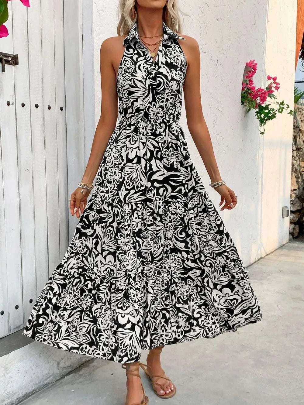 Perfee Backless Smocked Printed Sleeveless Midi Dress WESTCLOSET