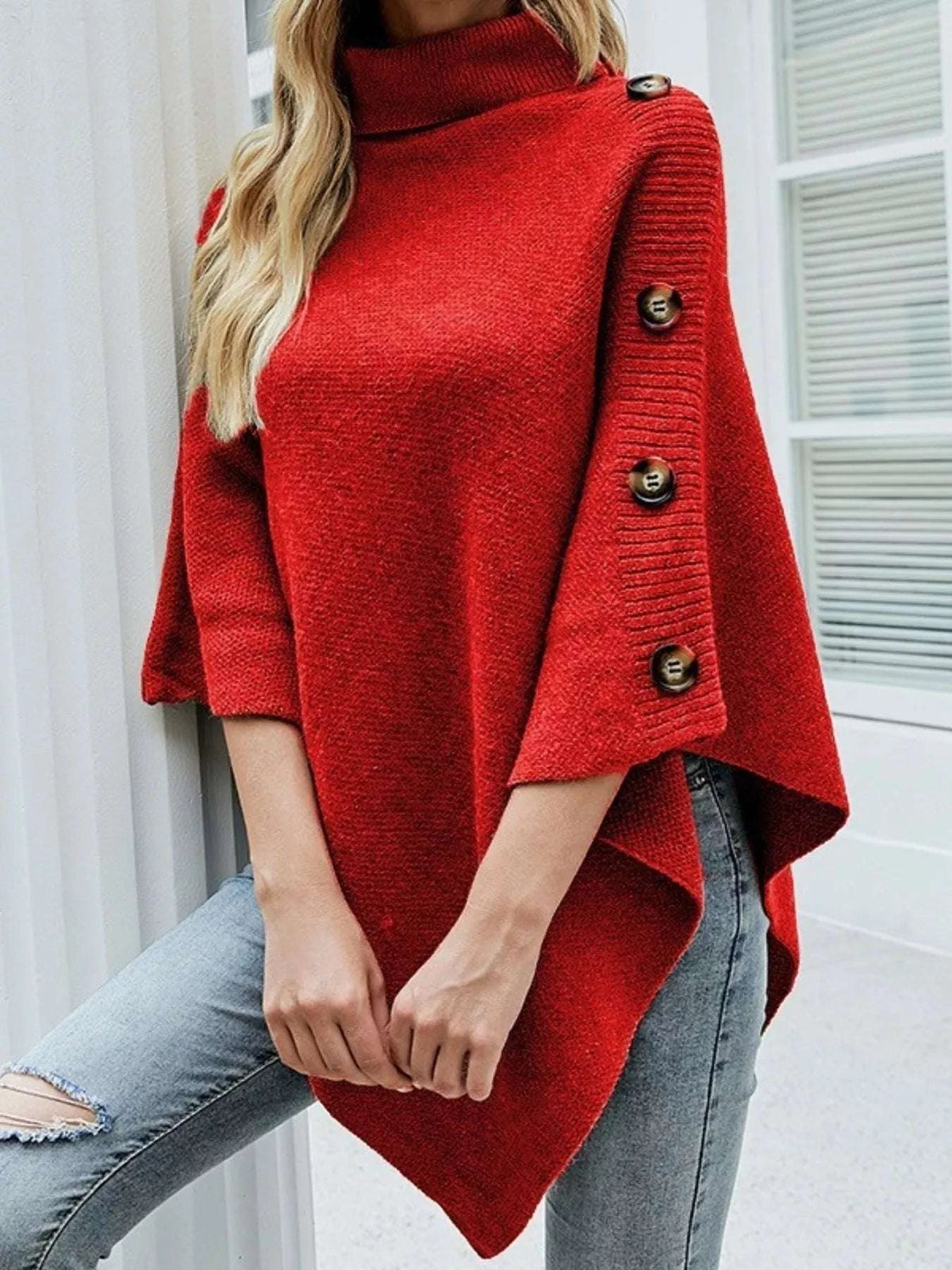 Button-Decor Turtleneck Poncho Pullover WESTCLOSET