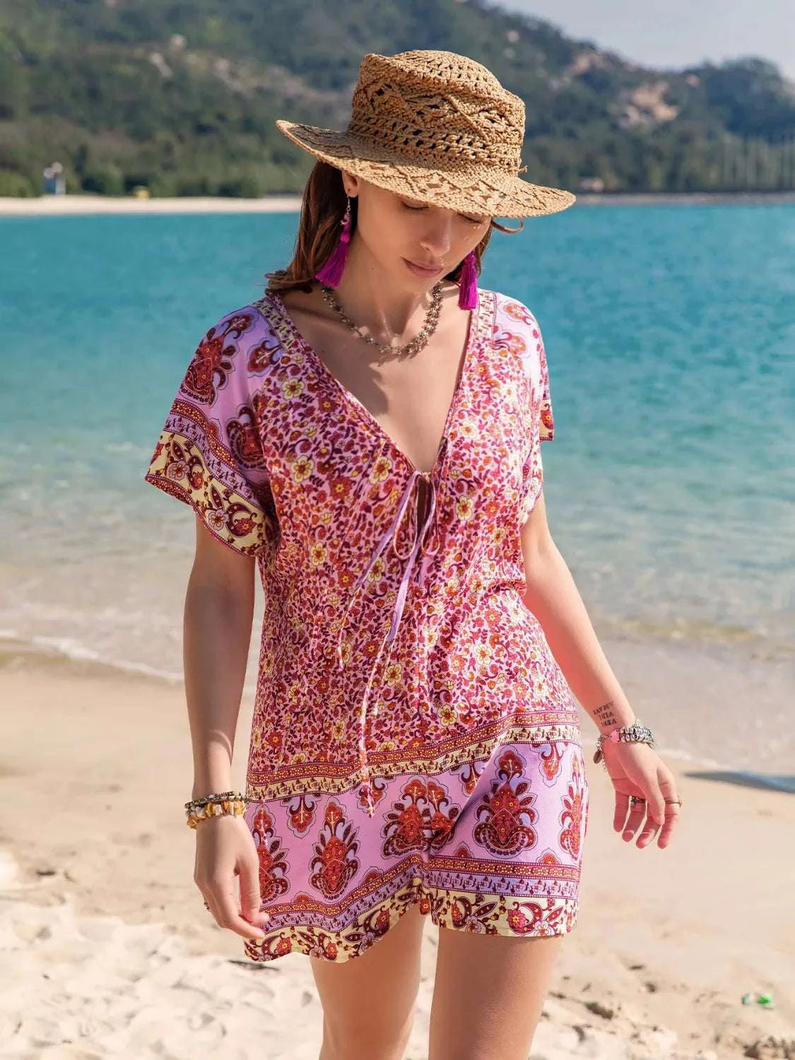 Printed V-Neck Short Sleeve Romper WESTCLOSET