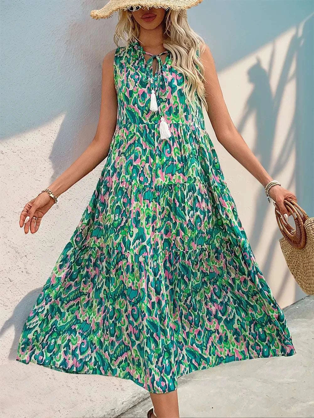 Perfee Tassel Printed Tie Neck Sleeveless Dress WESTCLOSET