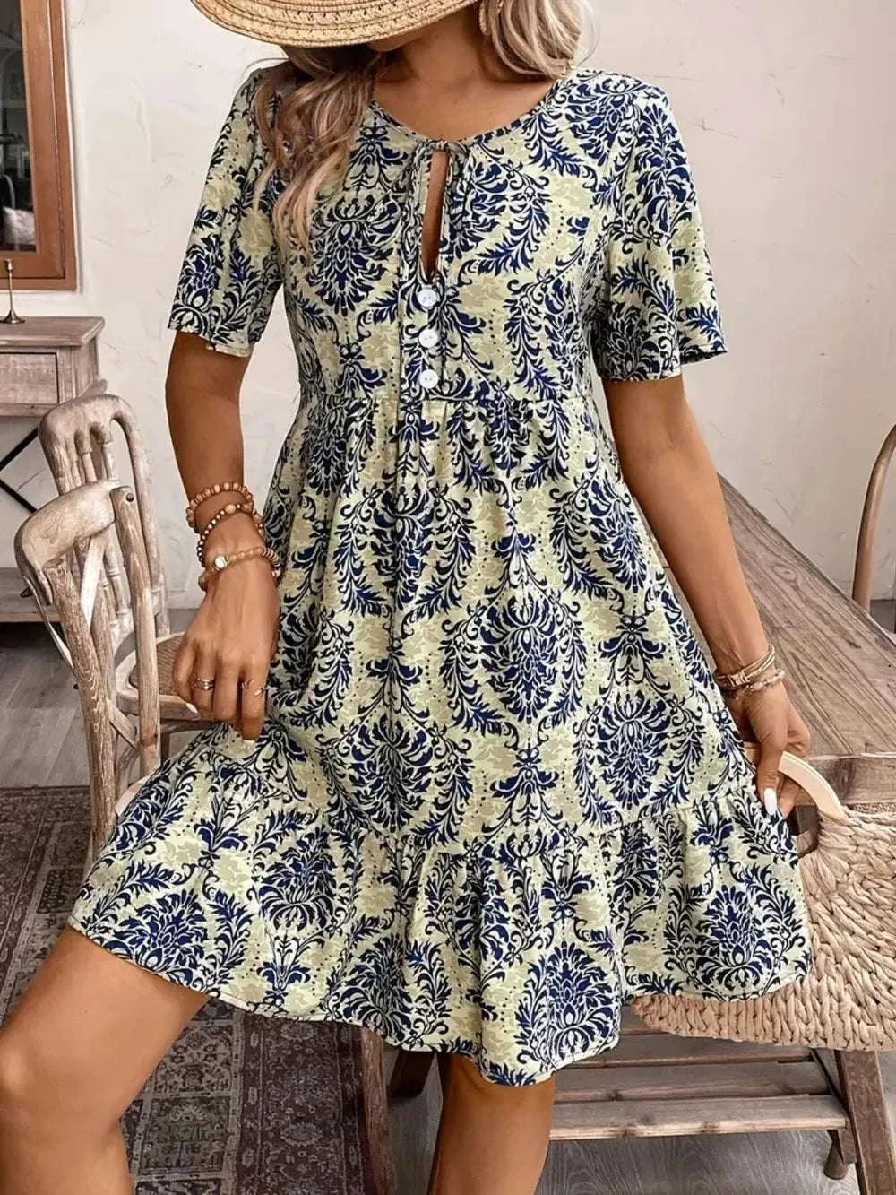Printed Tie Neck Short Sleeve Dress WESTCLOSET