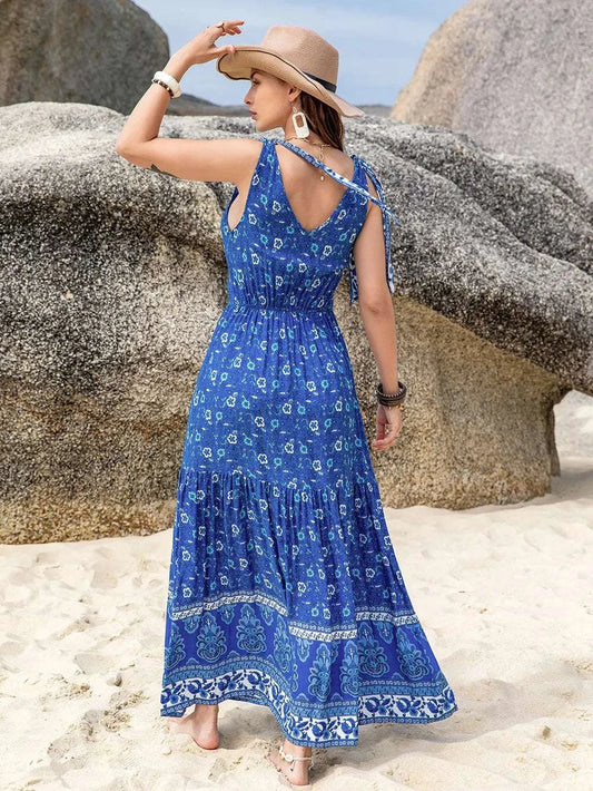 Printed V-Neck Tie Shoulder Dress WESTCLOSET