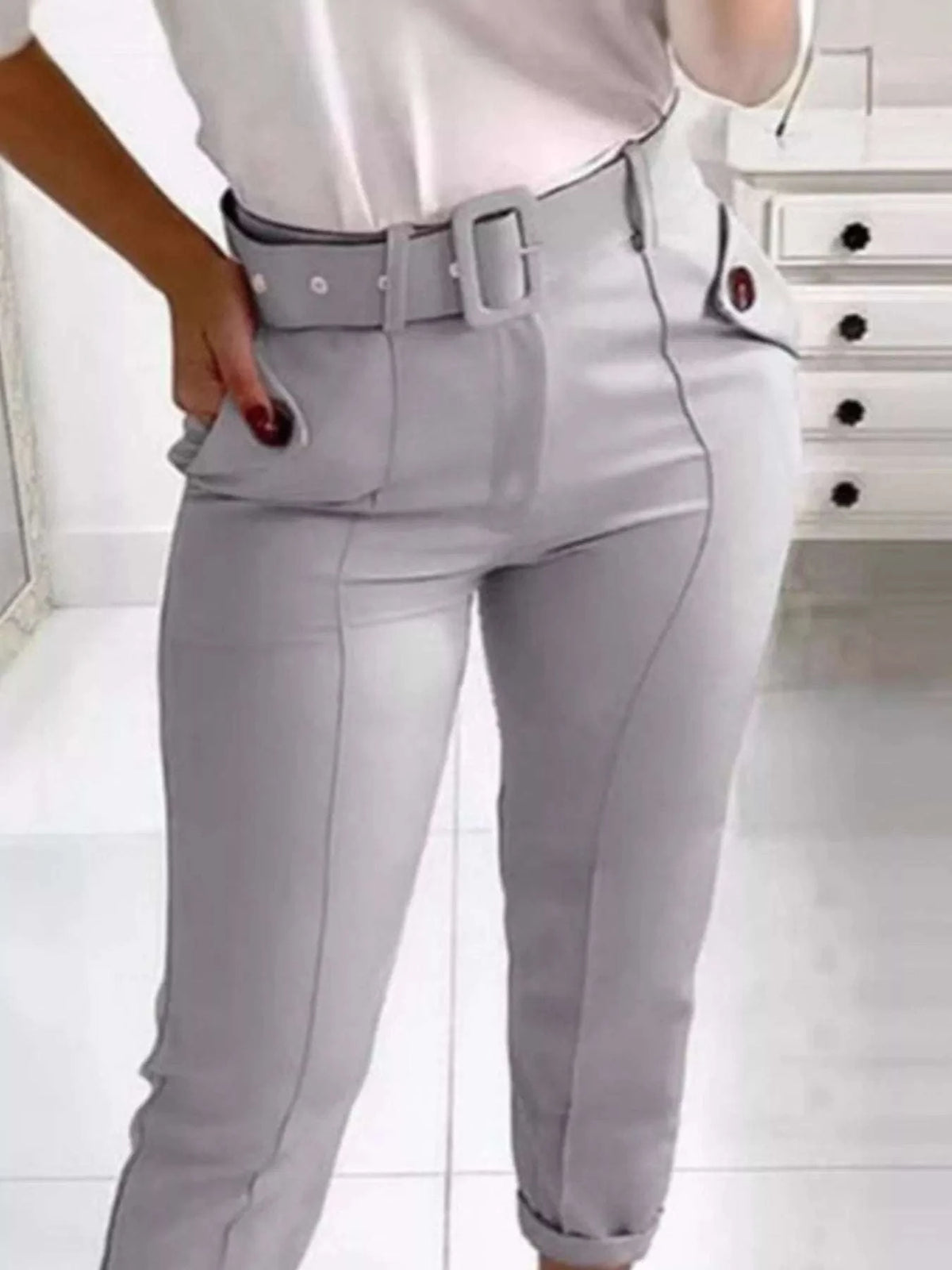High Waist Belted Slim Fit Ankle Pants WESTCLOSET