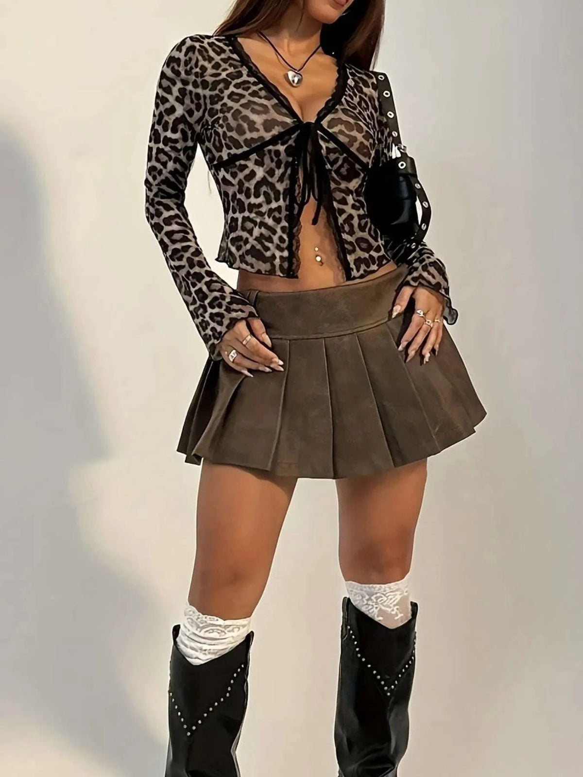 Leopard Print Long Sleeve Tie-Front Top WESTCLOSET