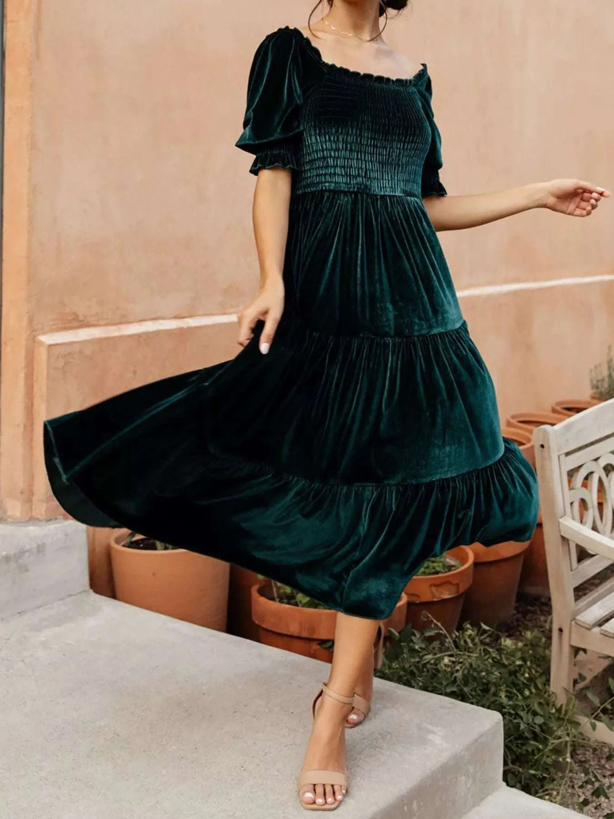 Velvet Smocked Tiered Midi Dress WESTCLOSET