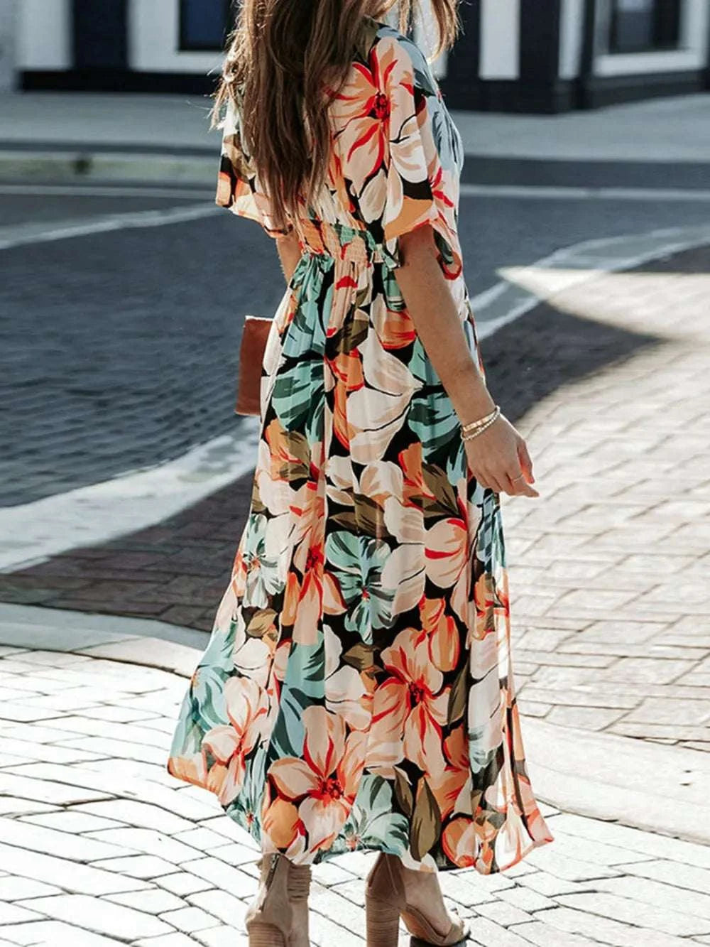 Floral Plunge Half Sleeve Dress WESTCLOSET