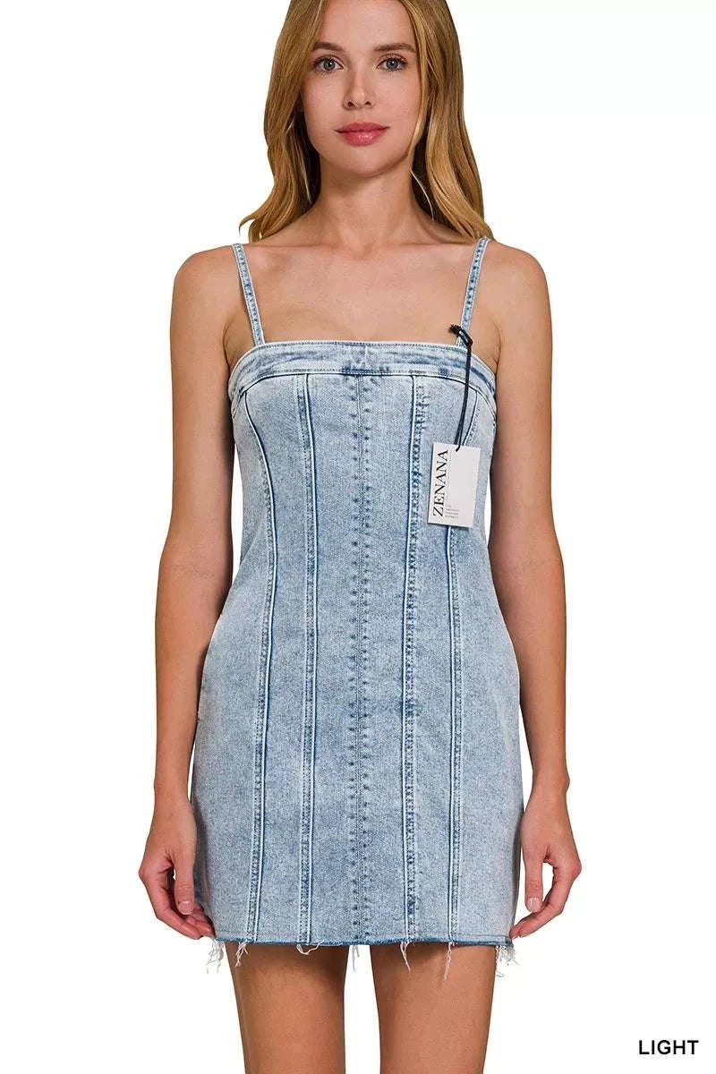 Zenana Spaghetti Strap Exposed Seam Light-Wash Dress WESTCLOSET