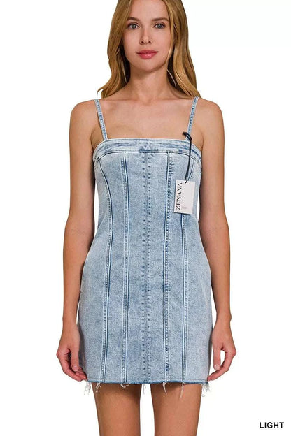 Zenana Spaghetti Strap Exposed Seam Light-Wash Dress WESTCLOSET