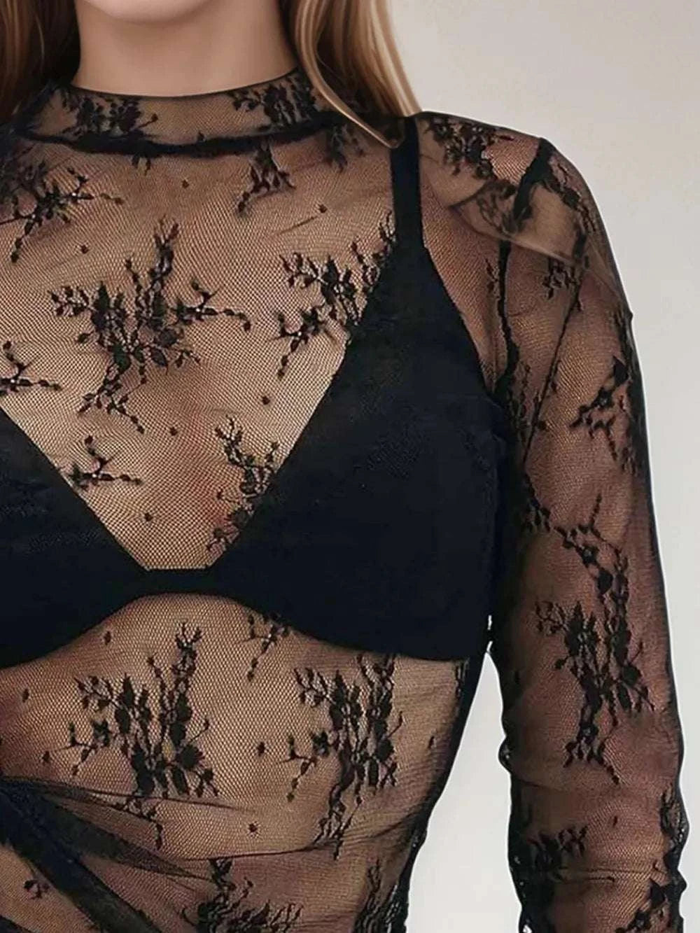 Floral Mock Neck Long Sleeve Mesh Top WESTCLOSET