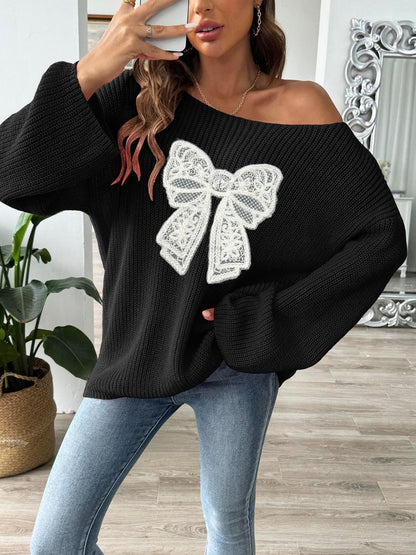 WestCloset Bow Boat Neck Long Sleeve Sweater 
