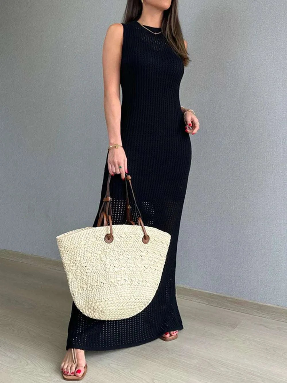 Openwork Slit Round Neck Cover-Up WESTCLOSET