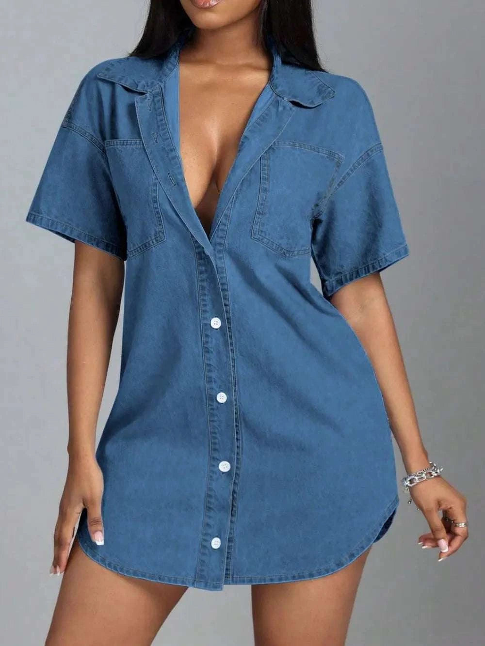 Button Down Collared Neck Denim Dress WESTCLOSET