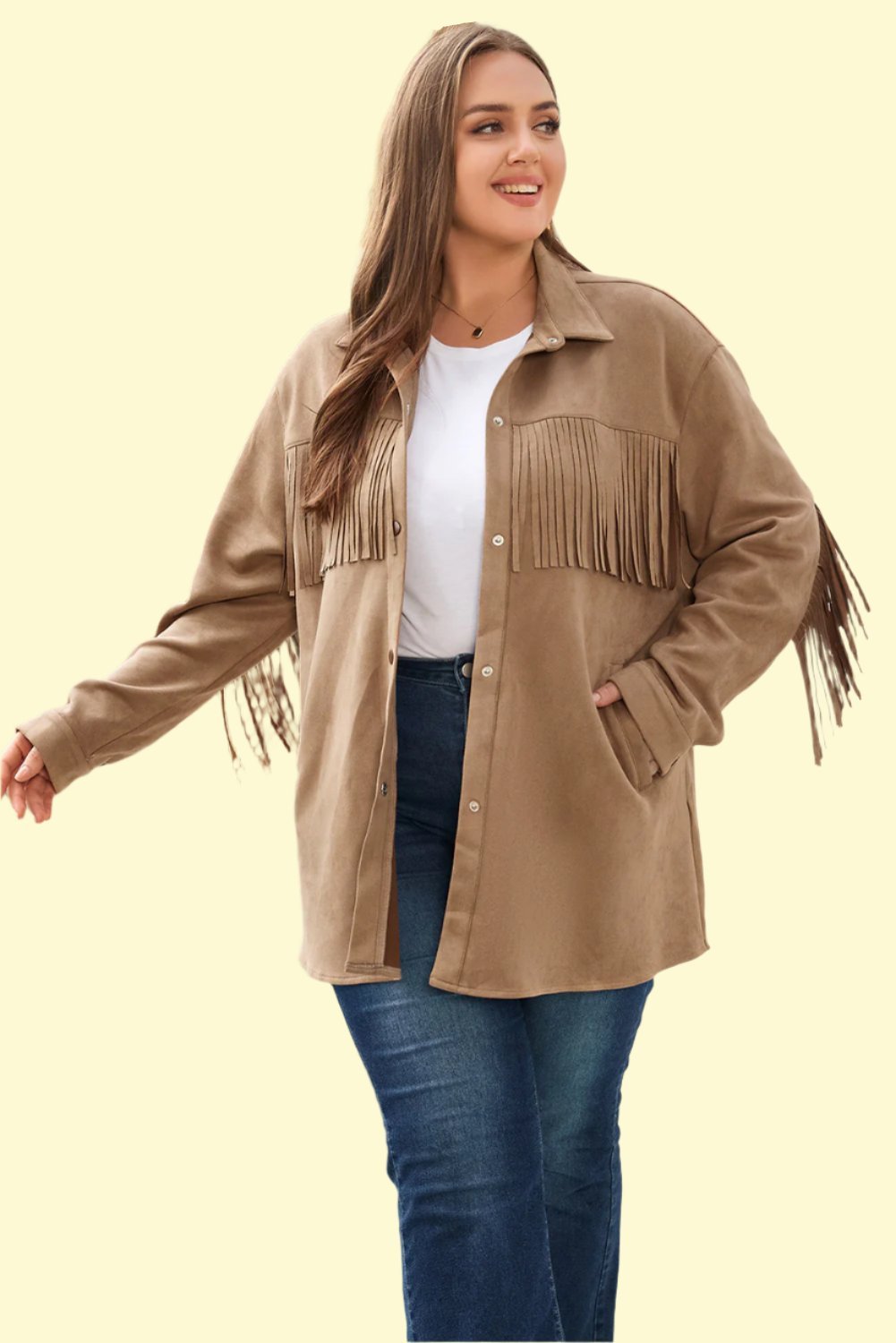 Plus Size Fringe Trim Snap Down Long Sleeve Shacket