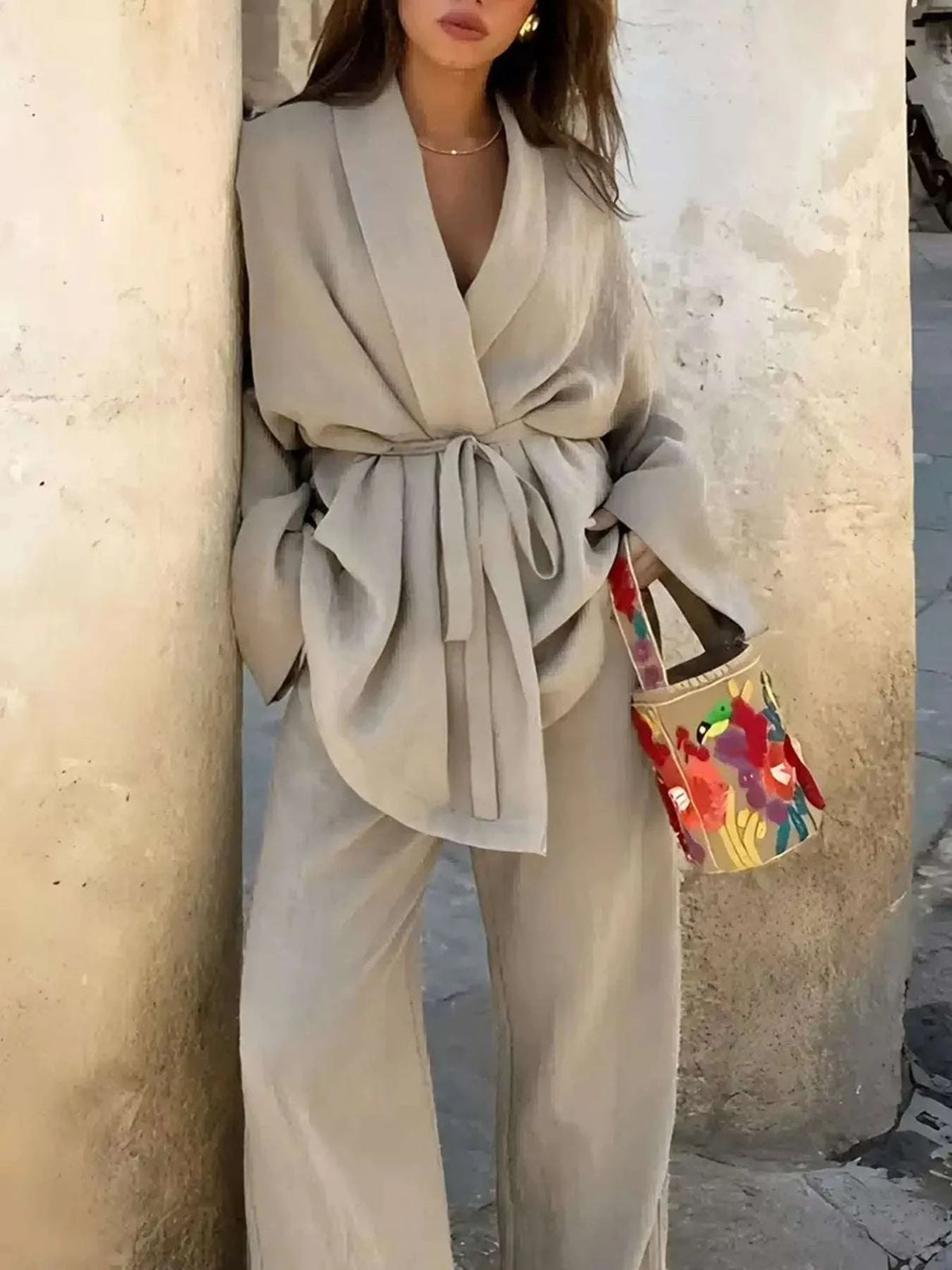 Plus Size Belt Long Sleeve Blazer and Pants Set WESTCLOSET