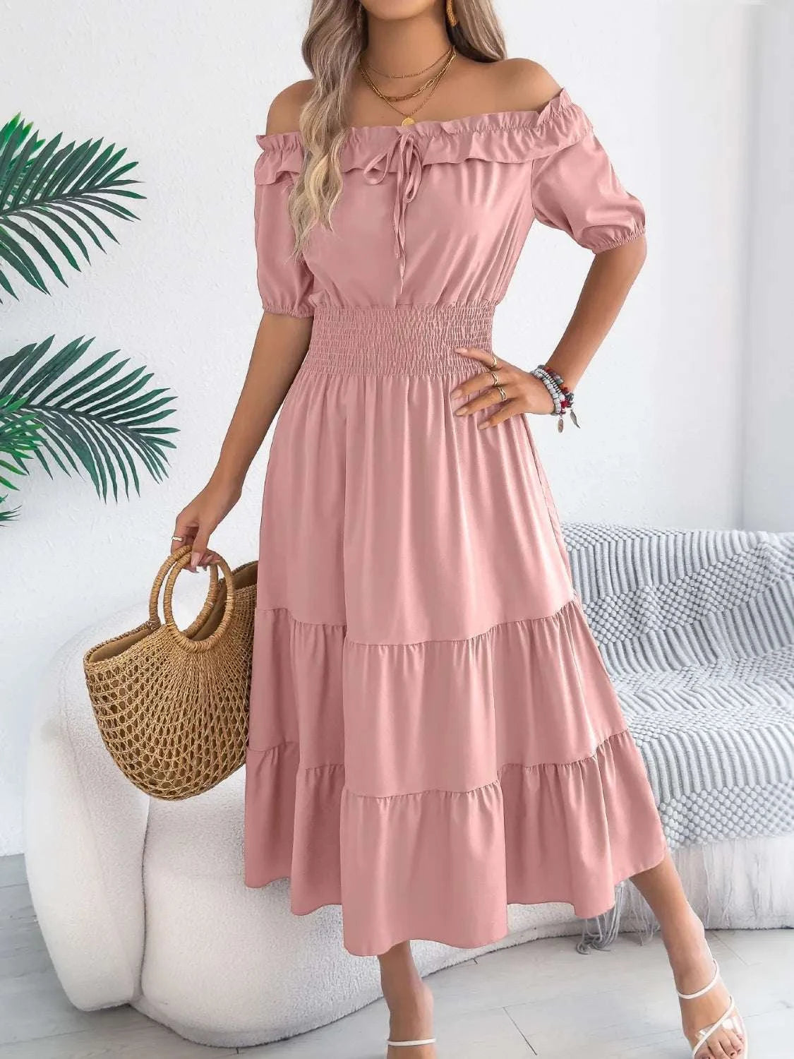 Smocked Off-Shoulder Tiered Dress WESTCLOSET