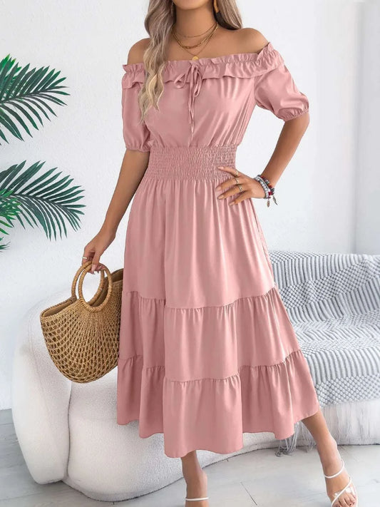 Smocked Off-Shoulder Tiered Dress WESTCLOSET