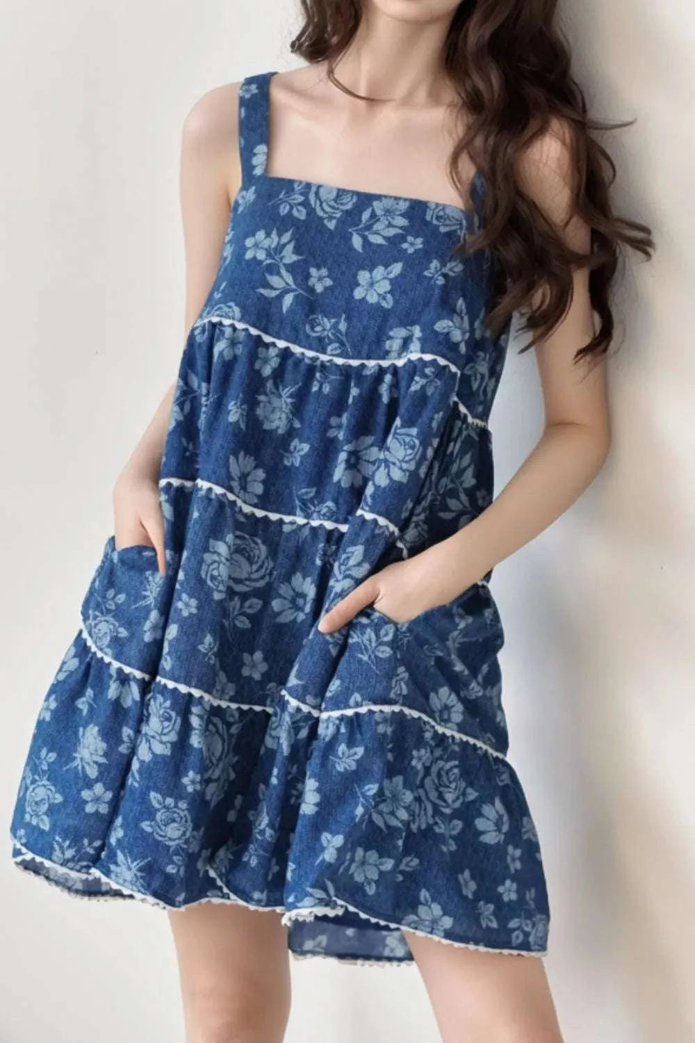 Floral Tiered Square Neck Denim Dress WESTCLOSET