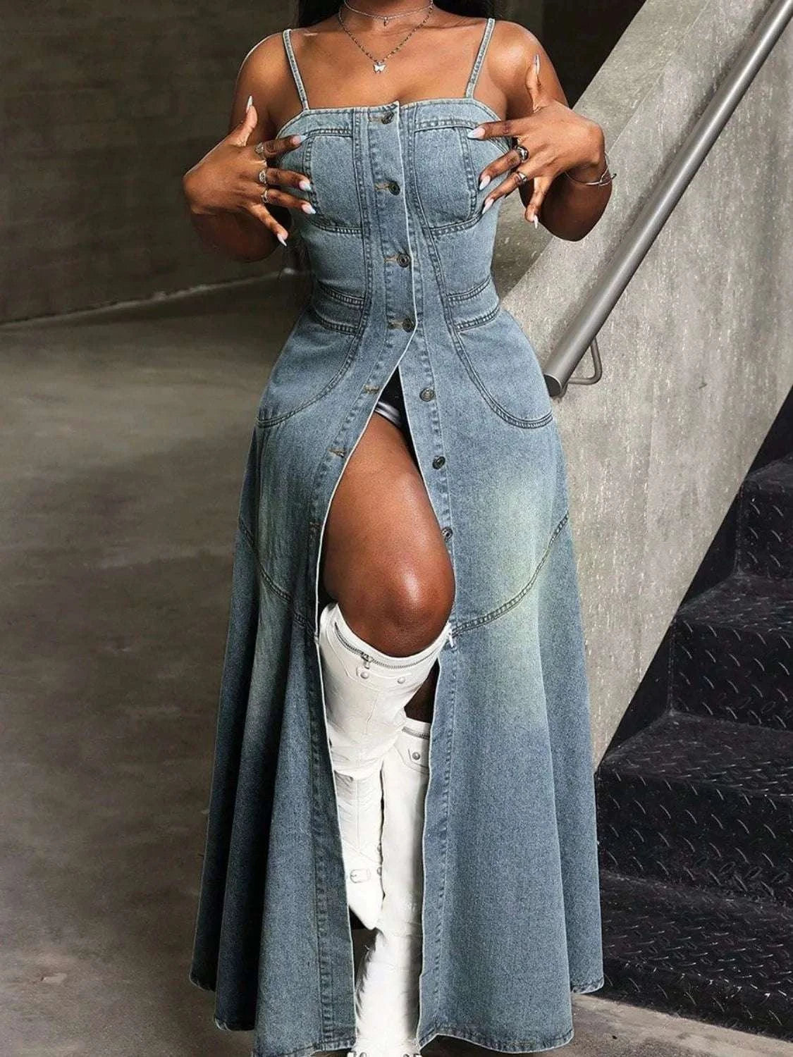 Smocked Button Front Denim Cami Dress WESTCLOSET