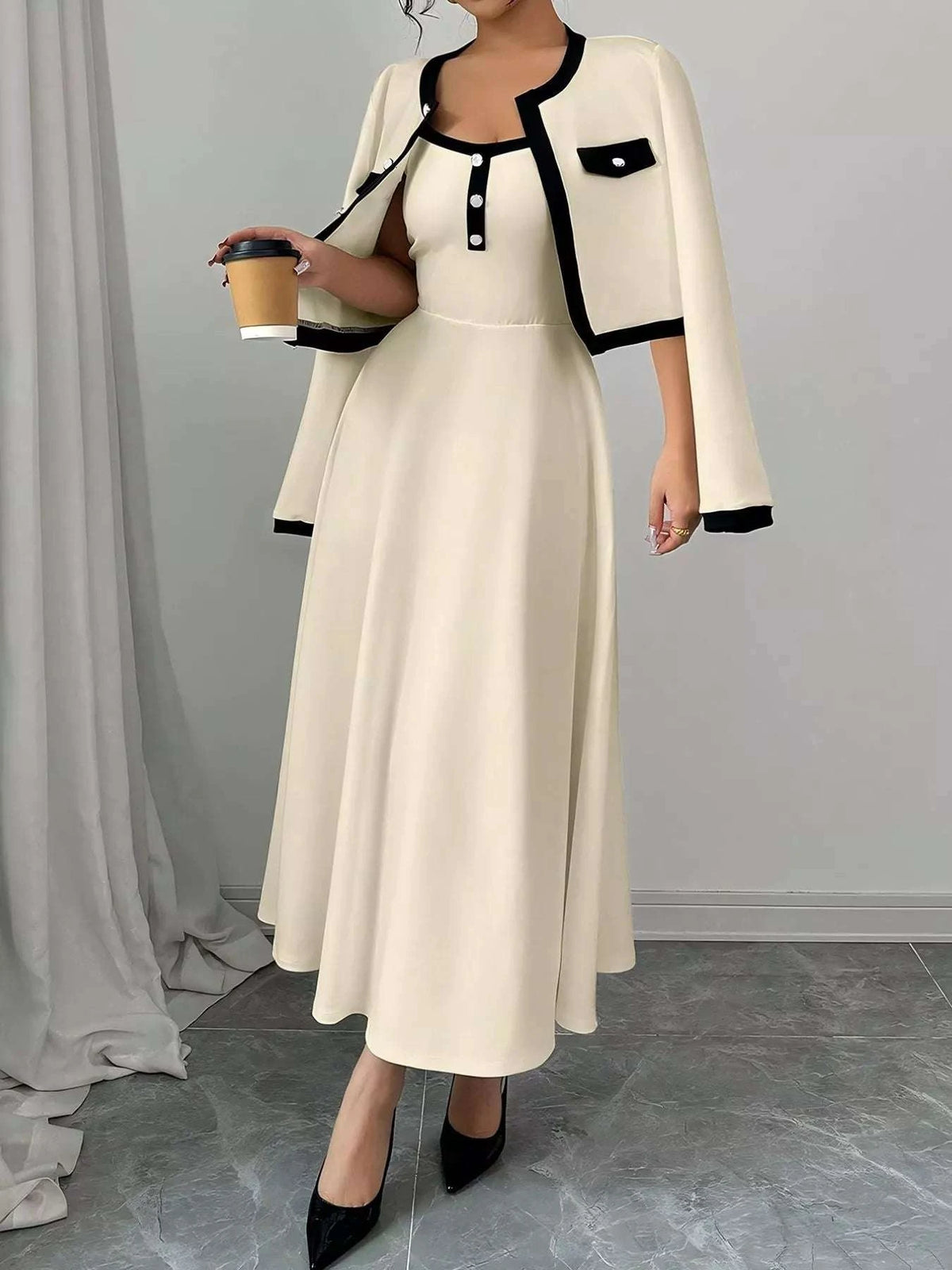 Contrast Trim Maxi Dress and Cropped Cardigan Set WESTCLOSET