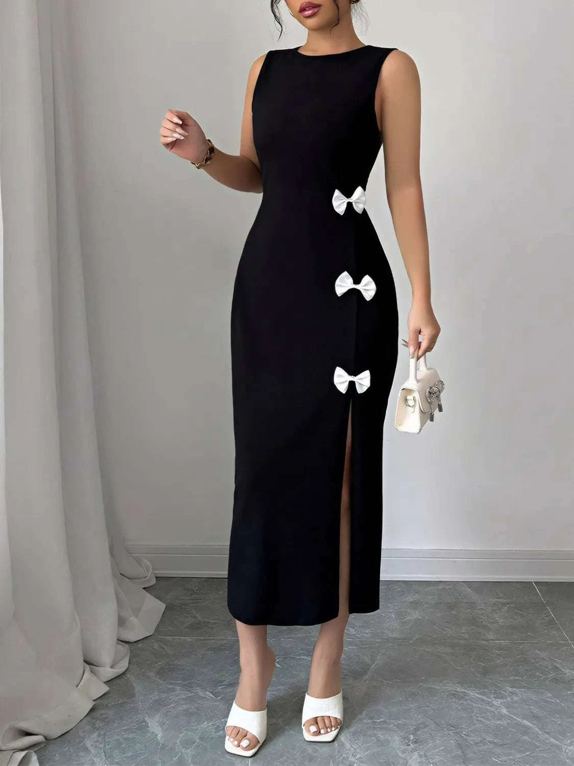 Bow Slit Round Neck Sleeveless Dress WESTCLOSET