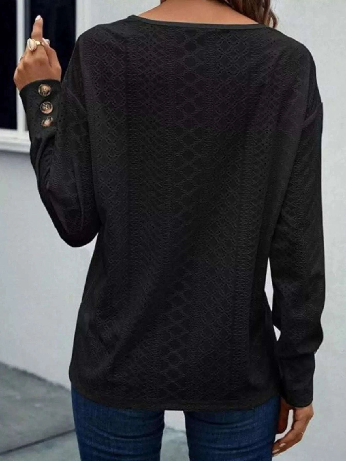 Eyelet V-Neck Long Sleeve T-Shirt WESTCLOSET