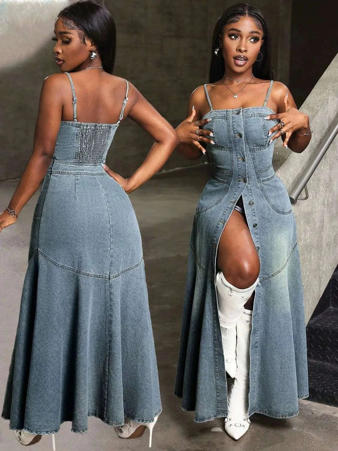 Smocked Button Front Denim Cami Dress WESTCLOSET