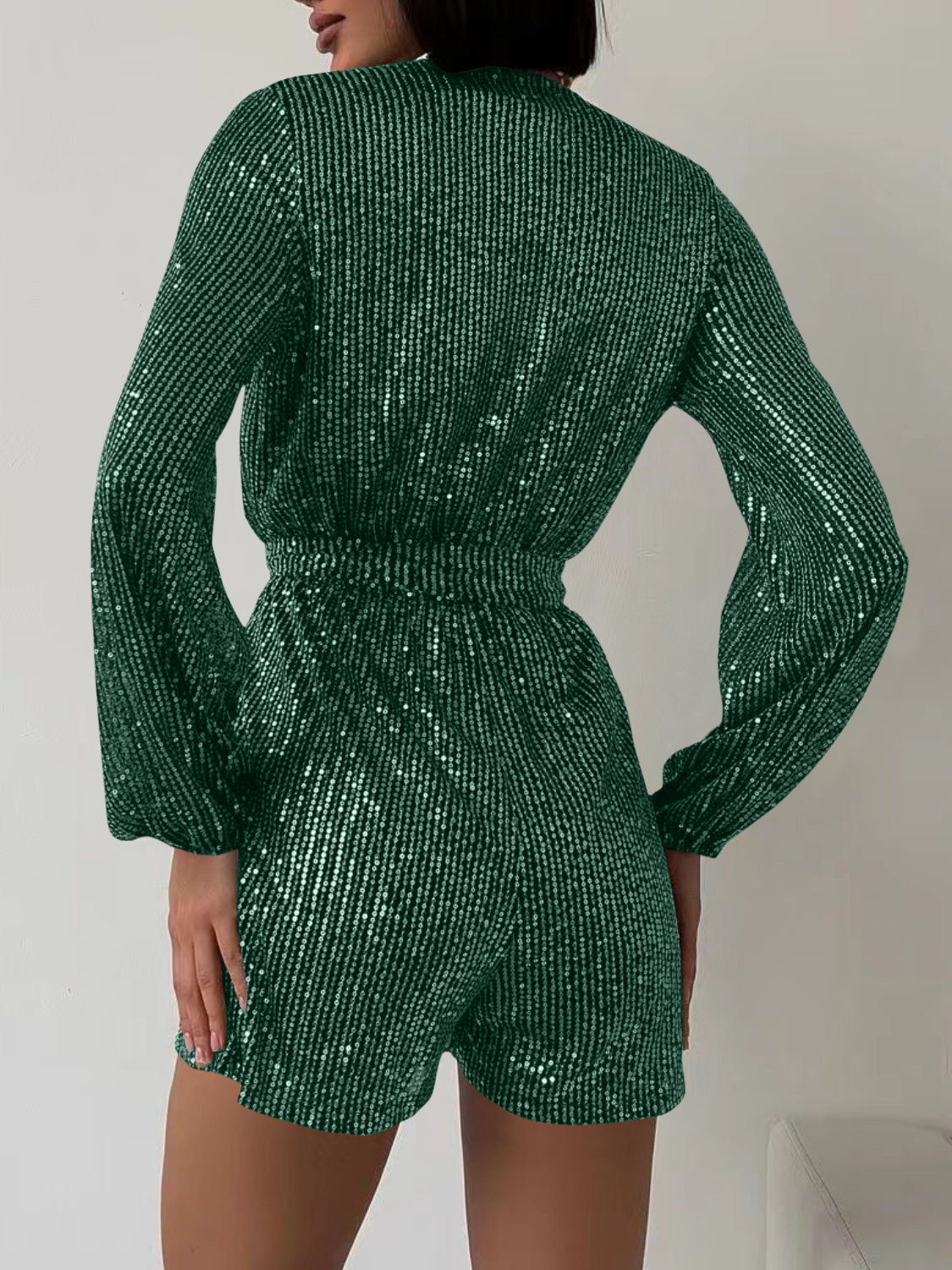 WestCloset Full Size Sequin Surplice Tie Waist Long Sleeve Romper 