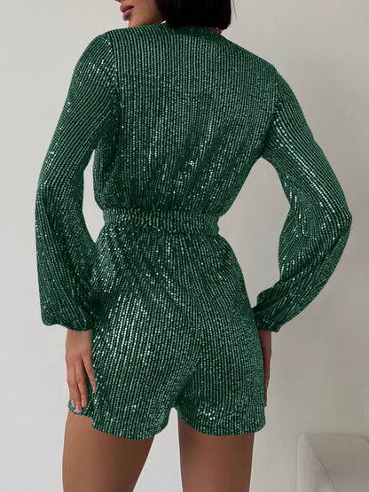WestCloset Full Size Sequin Surplice Tie Waist Long Sleeve Romper 
