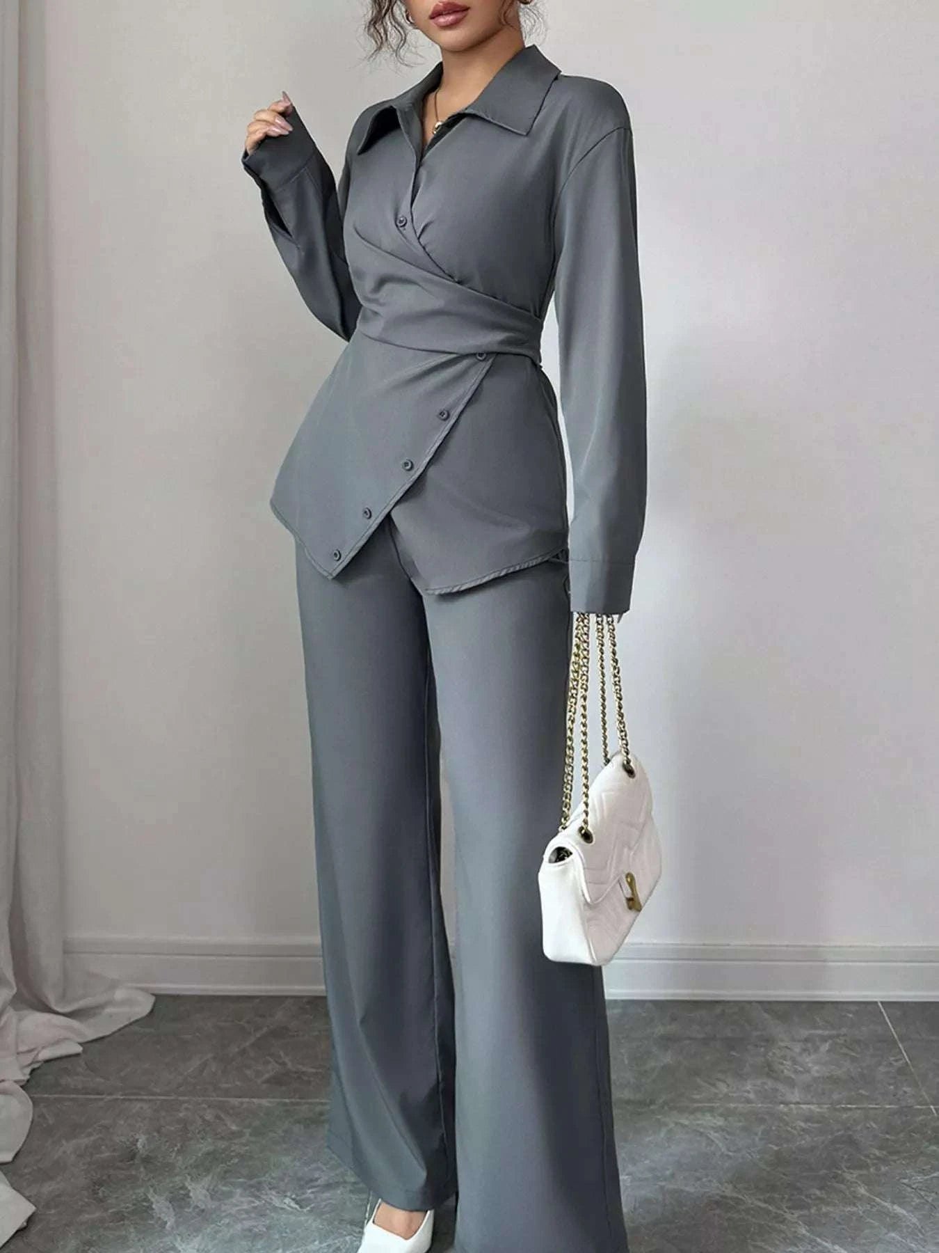 Back Tie Wrap Blazer and Wide Leg Pants Set WESTCLOSET
