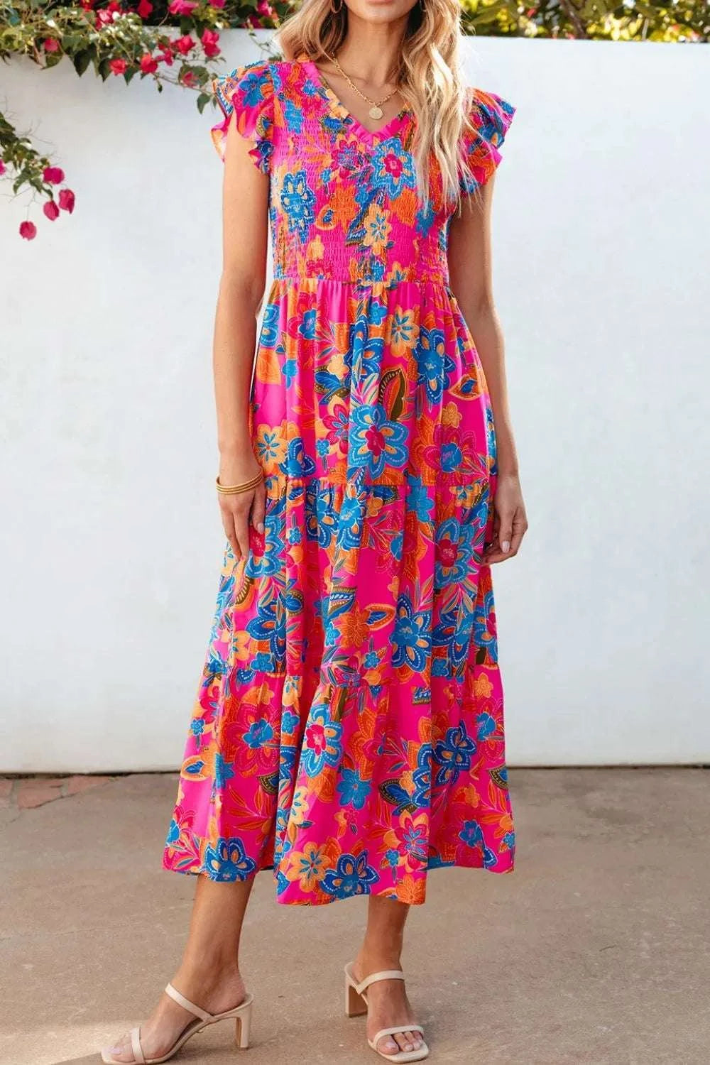 Boho Floral V Neck Ruffle Tiered Dress WESTCLOSET