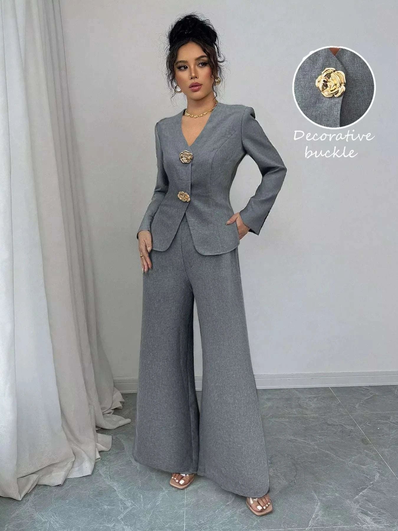 Decor Buckle Blazer & Wide Leg Pants Set WESTCLOSET