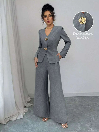Decor Buckle Blazer & Wide Leg Pants Set WESTCLOSET