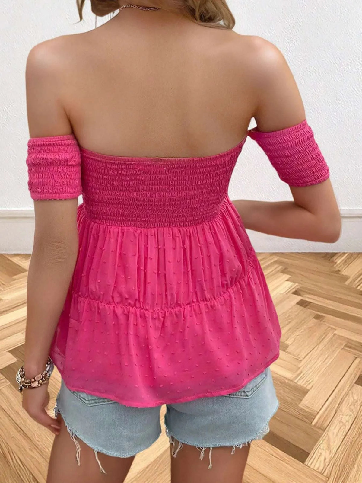 Off-Shoulder Smocked Bow-Tie Blouse WESTCLOSET