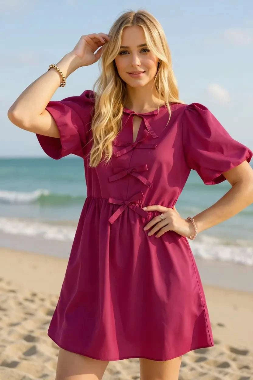Oh Bow Ruched Puff Sleeve Mini Dress WESTCLOSET