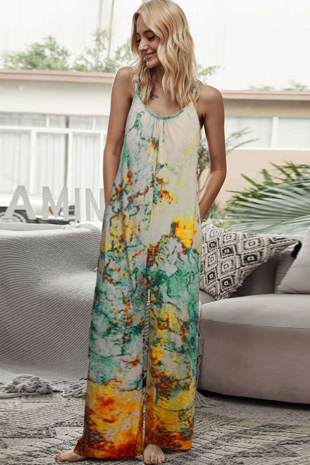 Shiny Tie-Dye Spaghetti Strap Jumpsuit with Pockets WESTCLOSET