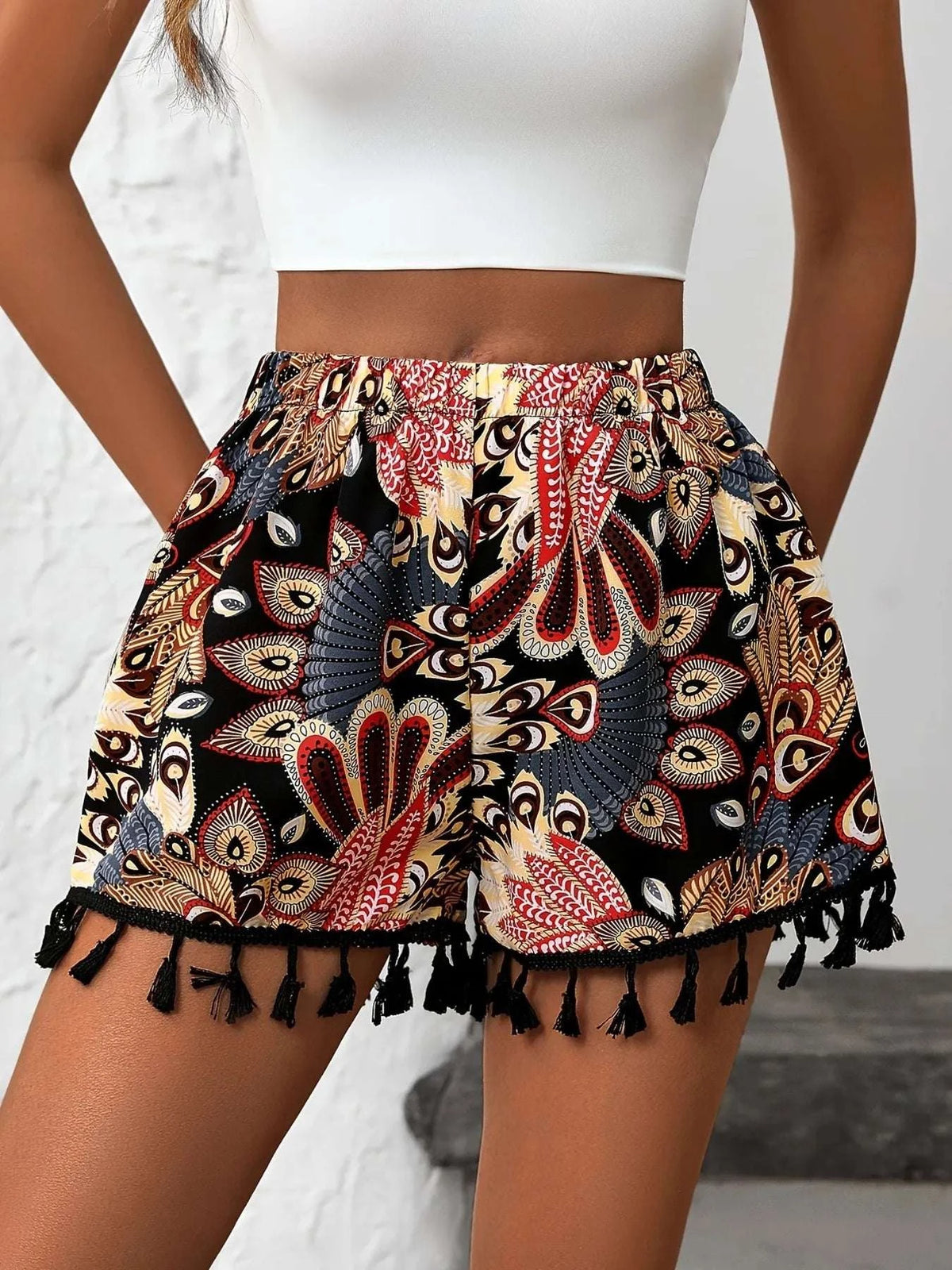 Paisley Print Tassel Hem Shorts WESTCLOSET