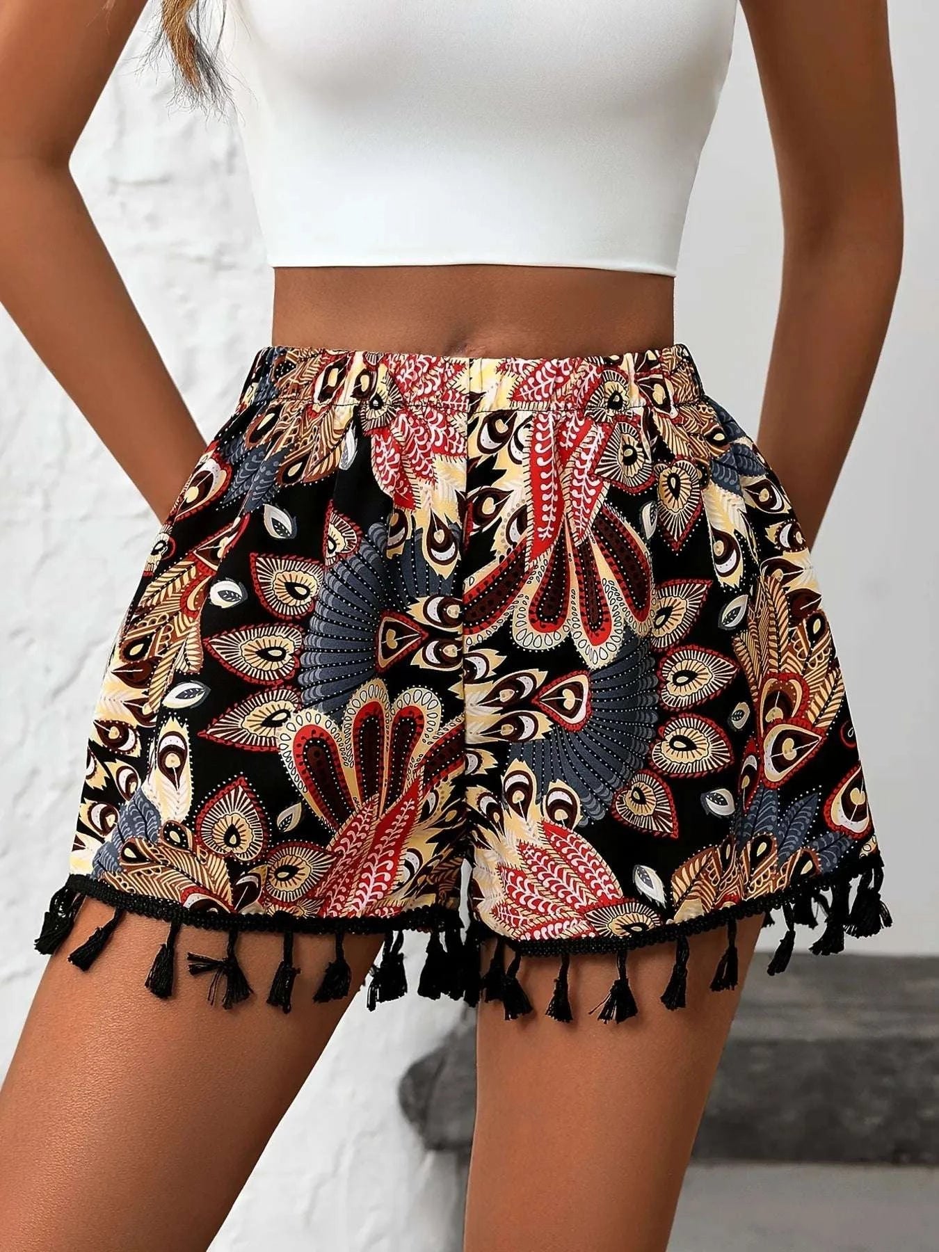Paisley Print Tassel Hem Shorts WESTCLOSET