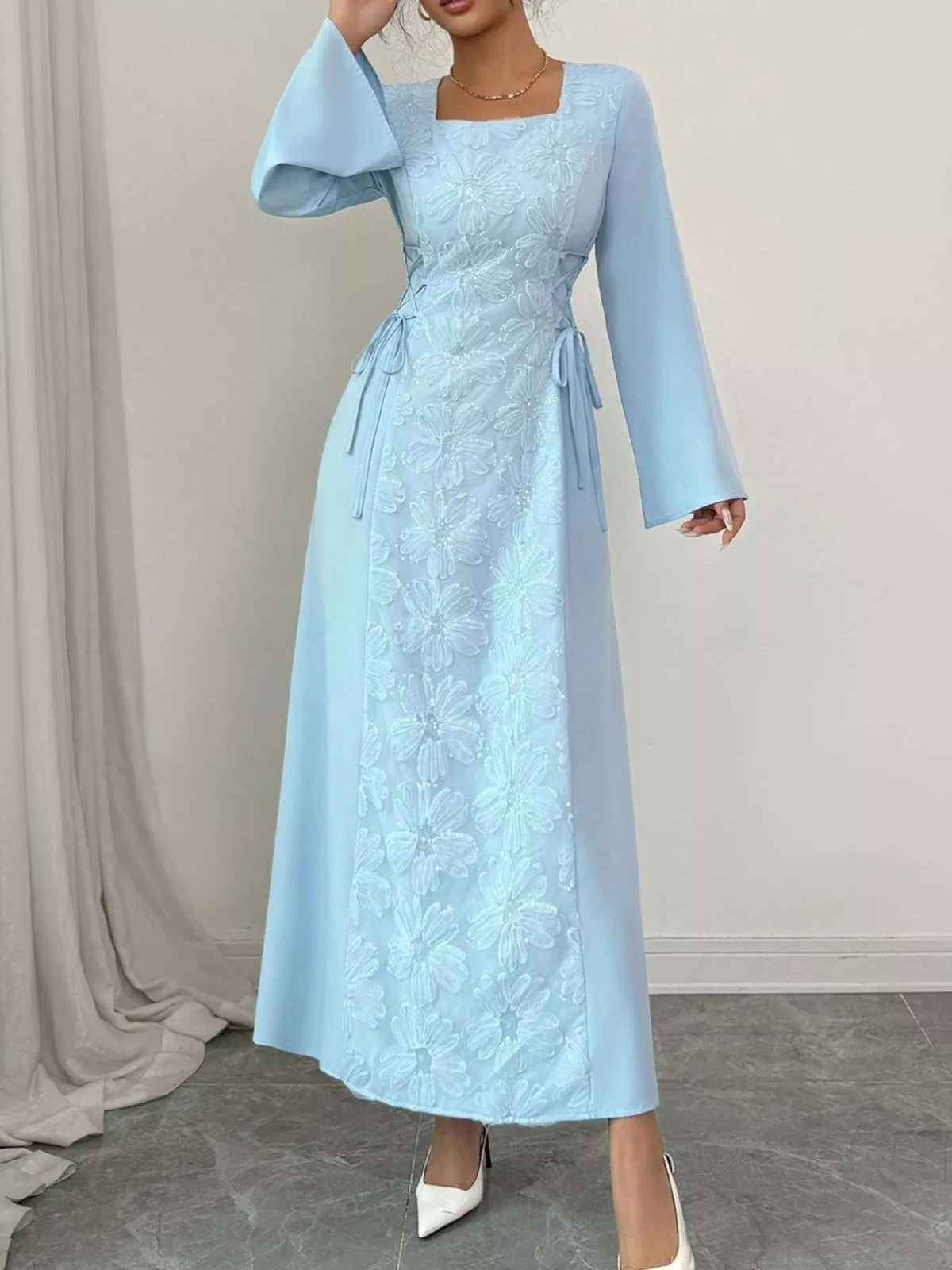 Lace Up Square Neck Long Sleeve Maxi Dress WESTCLOSET