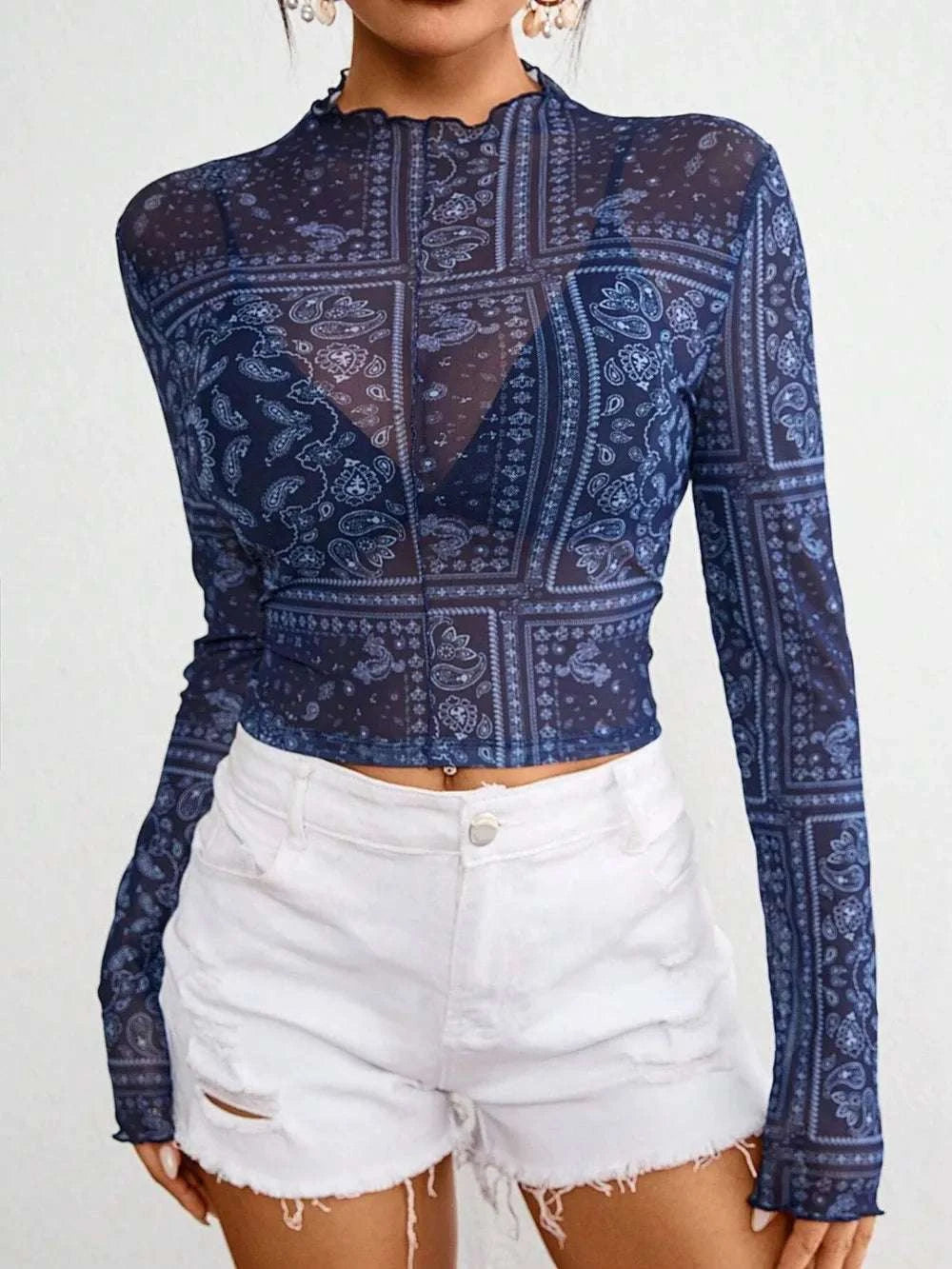 Paisley Mock Neck Long Sleeve Sheer Top WESTCLOSET