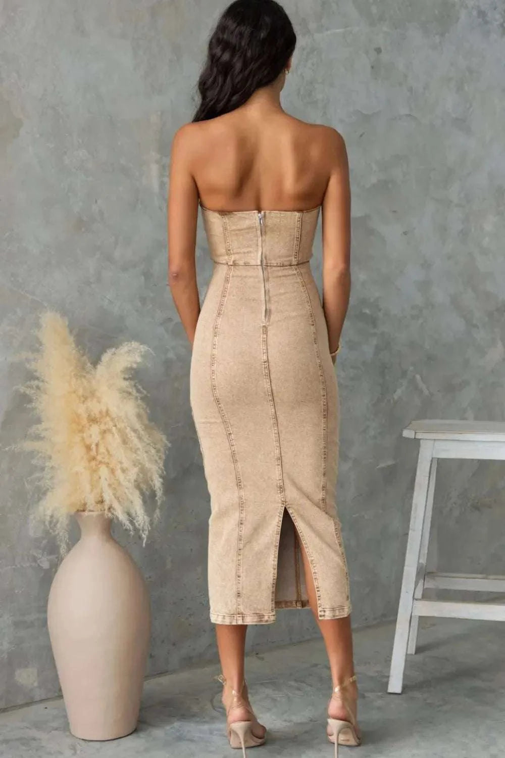 Washed Slit Back Tube Denim Dress WESTCLOSET