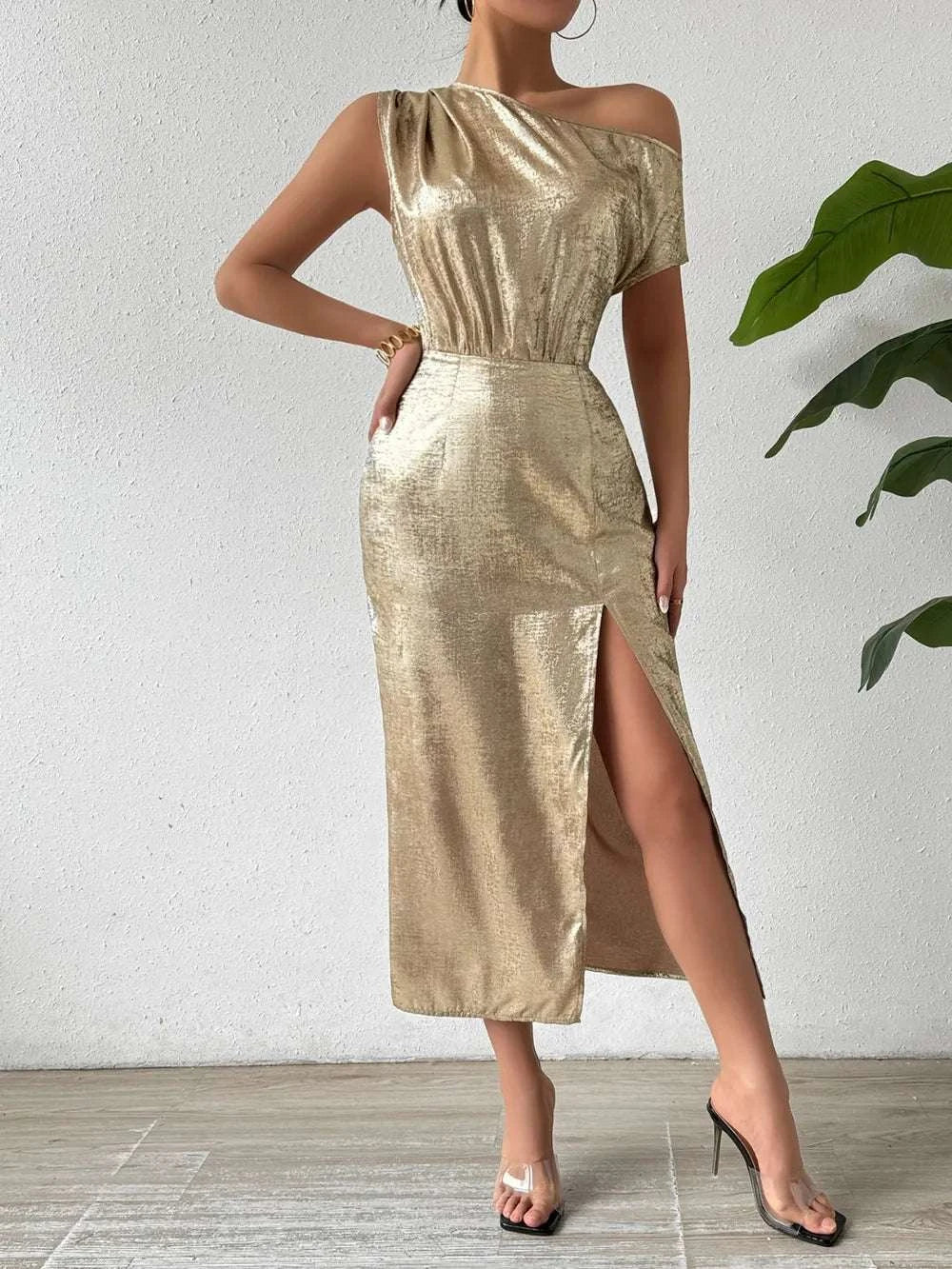 Honey Slit One Shoulder Short Sleeve Midi Dress WESTCLOSET