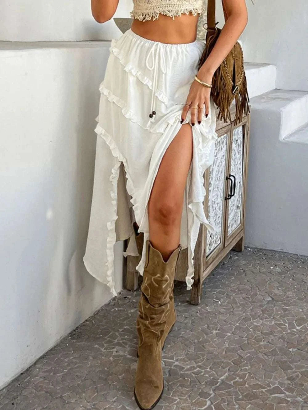 Devine Slit Drawstring Ruffled Skirt WESTCLOSET