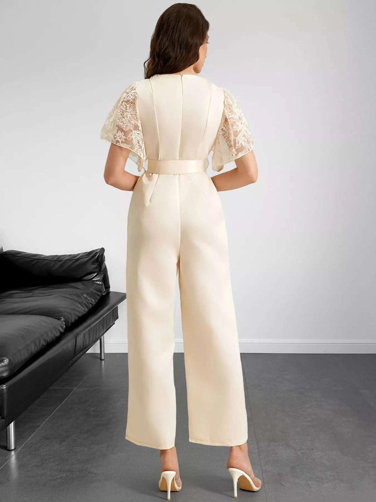 Lace Trim Belted Wide Leg Jumpsuit WESTCLOSET