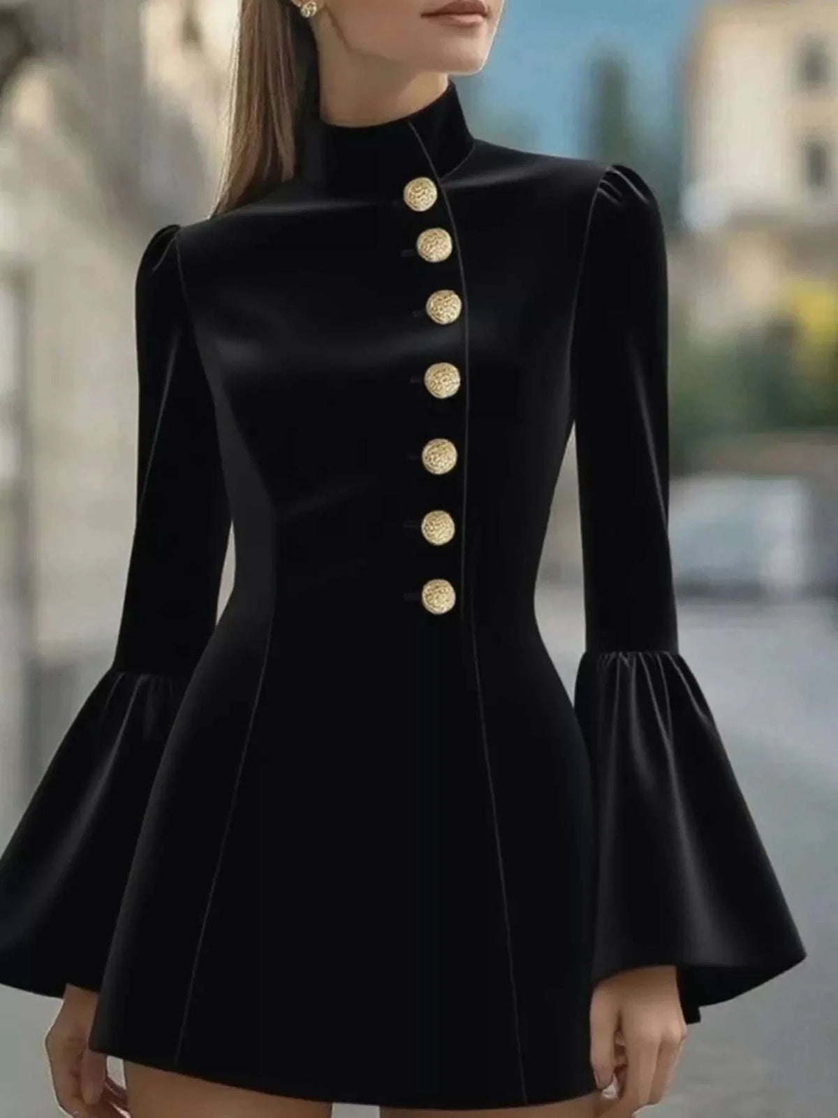 Bell Sleeve Mini Dress with Front Button WESTCLOSET