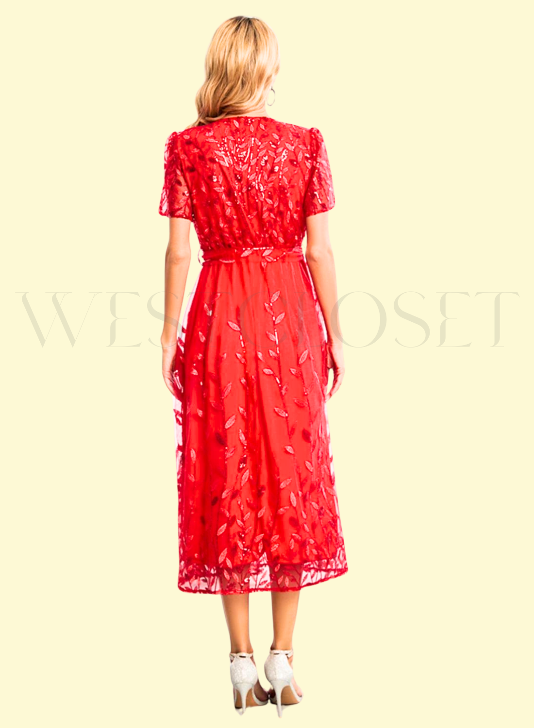 back view of model wearing red sexy sequin embroidered dress